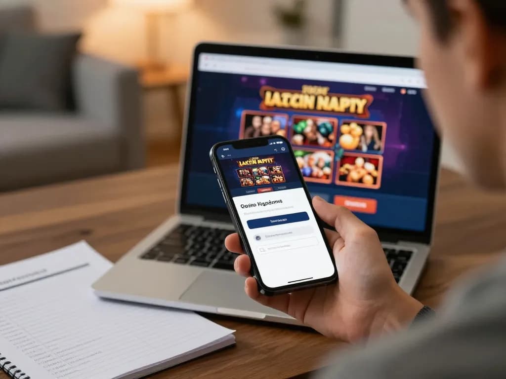 User engaging in login and registration on a casino app on smartphone while managing betting strategies.