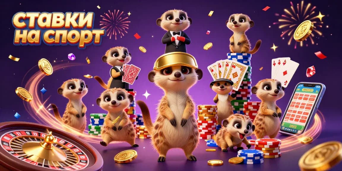 Bettors enjoy ставки на спорт with meerkats managing an energetic sports betting scene, showcasing live action and excitement.
