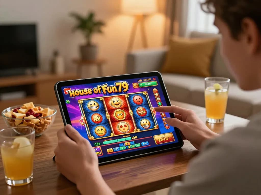 An engaging player enjoying slots at nhà cái fun79 on tablet in a cozy home setting