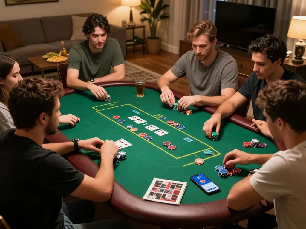 Hello88 players enjoying a vibrant poker night at home with engaging atmosphere.