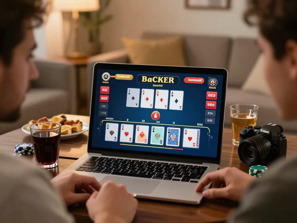 Players enjoying the nk88 link for online baccarat, showcasing an engaging home gaming atmosphere.