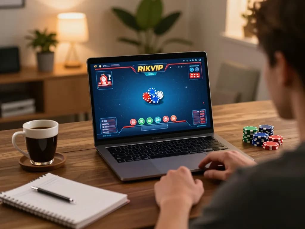 Player enjoying a thrilling RIKVIP poker game on a laptop, showcasing an engaging online gaming atmosphere.