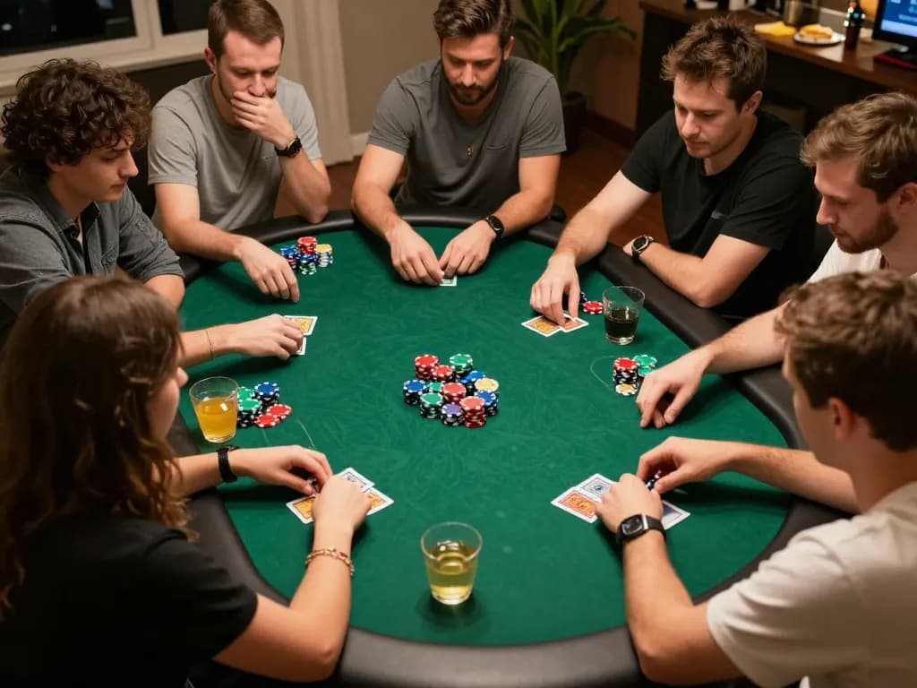 Players strategizing during a thrilling poker game night at AU88 with vibrant atmosphere and colorful chips.