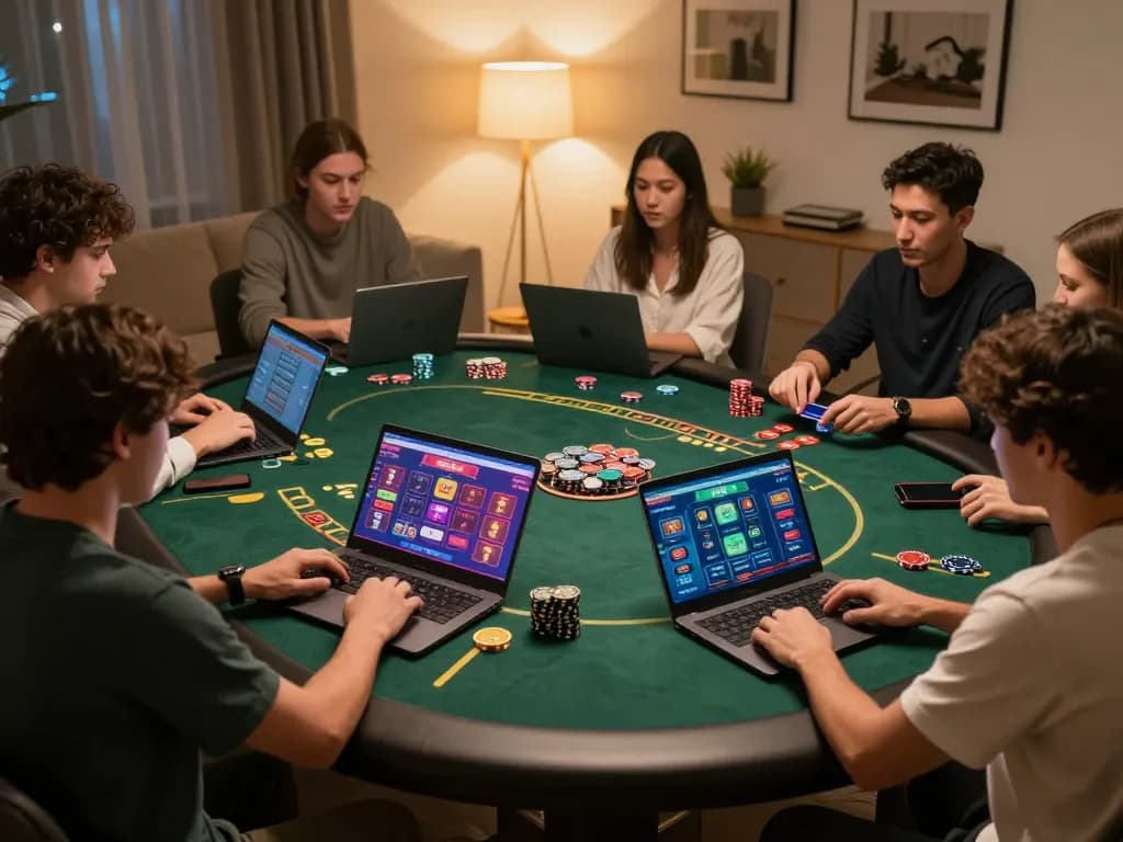Players enjoying online casino games with 789P on their screens, showing vibrant interfaces and engaging with friends
