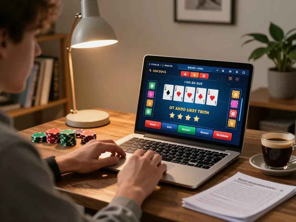 DASI4D link alternatif menampilkan pengalaman kasino online yang menarik dengan seorang pemain di laptop.