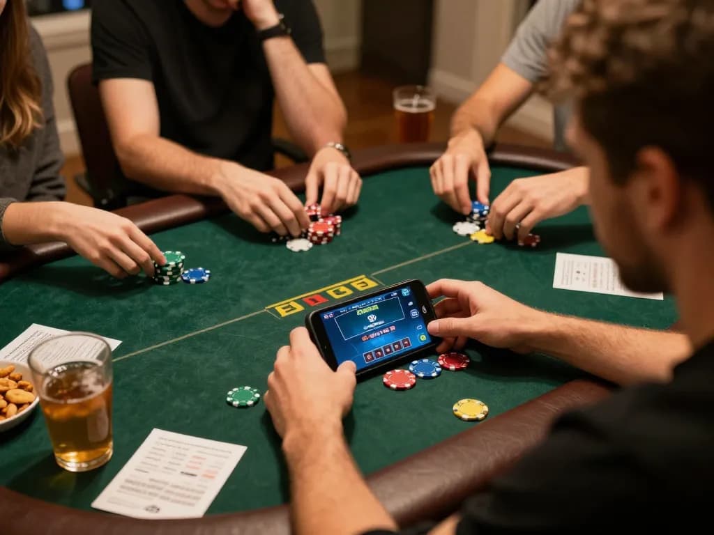 3win players engaging in a high-stakes online poker game from home with lively atmosphere