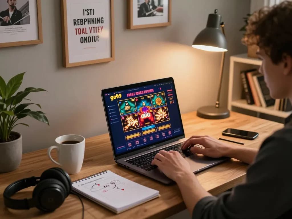 Engaged player using go99 online casino on laptop with warm home setup.