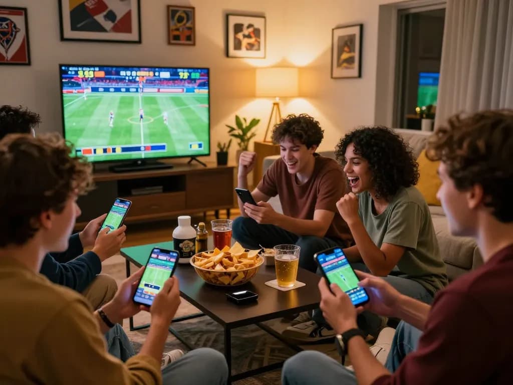 Friends engaging in online betting around a screen, celebrating a debet win.