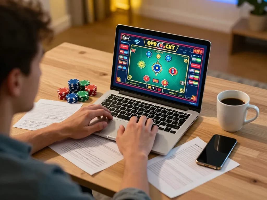 Win138 player engaging with an online poker game, showcasing strategy and excitement in a cozy home setup.