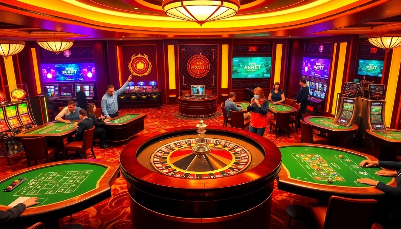 Situs11 gamblers enjoying a vibrant casino atmosphere with roulette, poker chips, and online gaming screens.