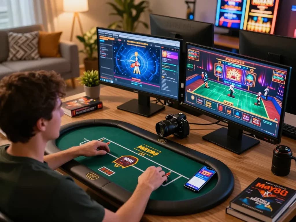 Player engaging with may88 casino app on multiple screens in a cozy online gaming setup.