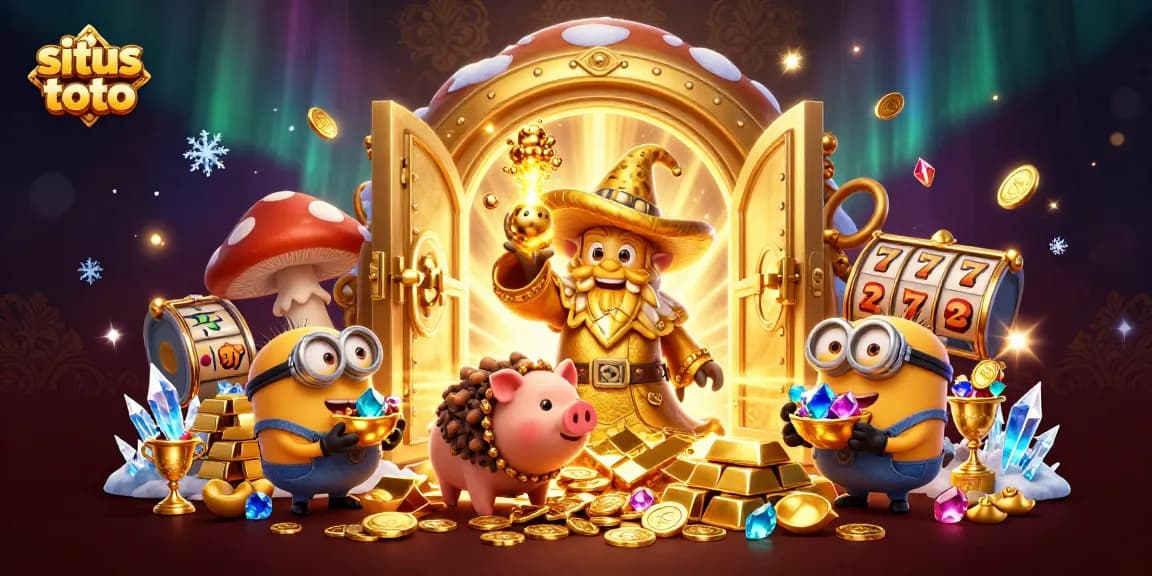 Situs toto scene depicting a golden wizard and treasure seekers in a casino-themed fantasy.