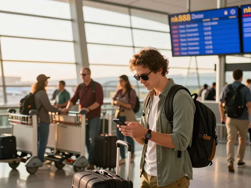 Traveler tracking nk888 flight status in busy airport terminal during golden hour.