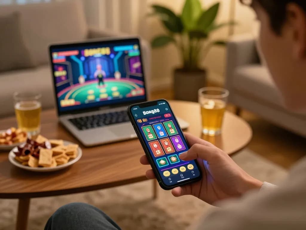 Bong88 player enjoying mobile betting in a cozy living room with snacks and a live game display.