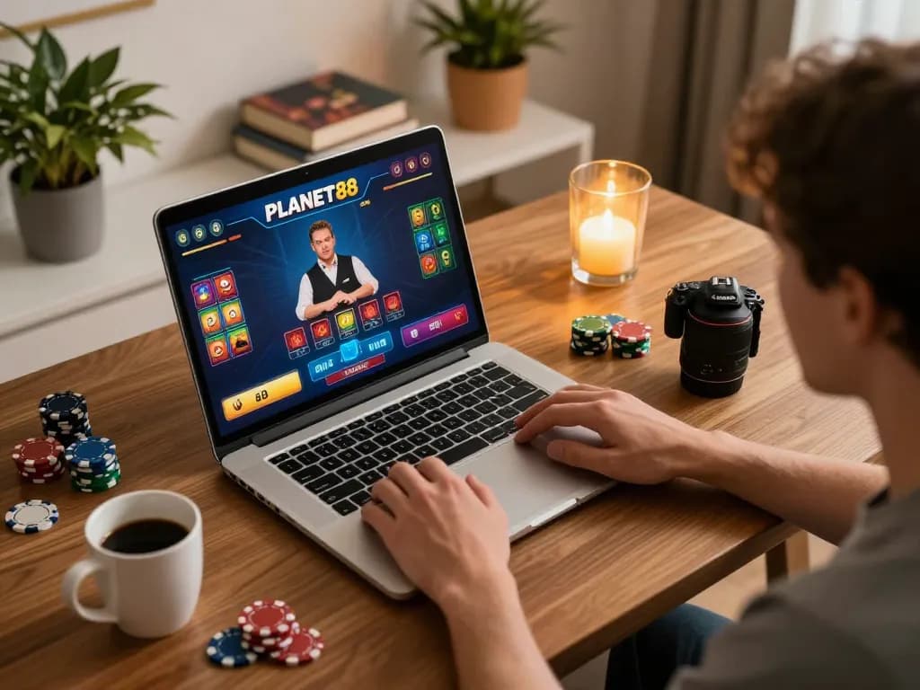 Play thrilling blackjack at PLANET88's online casino while enjoying a cozy home setup with chips and coffee.