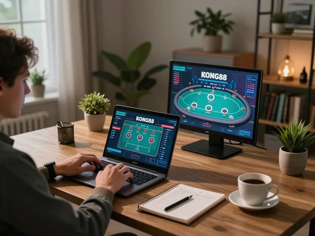 KONG88 player strategies in a stylish home office, showcasing online betting gameplay.