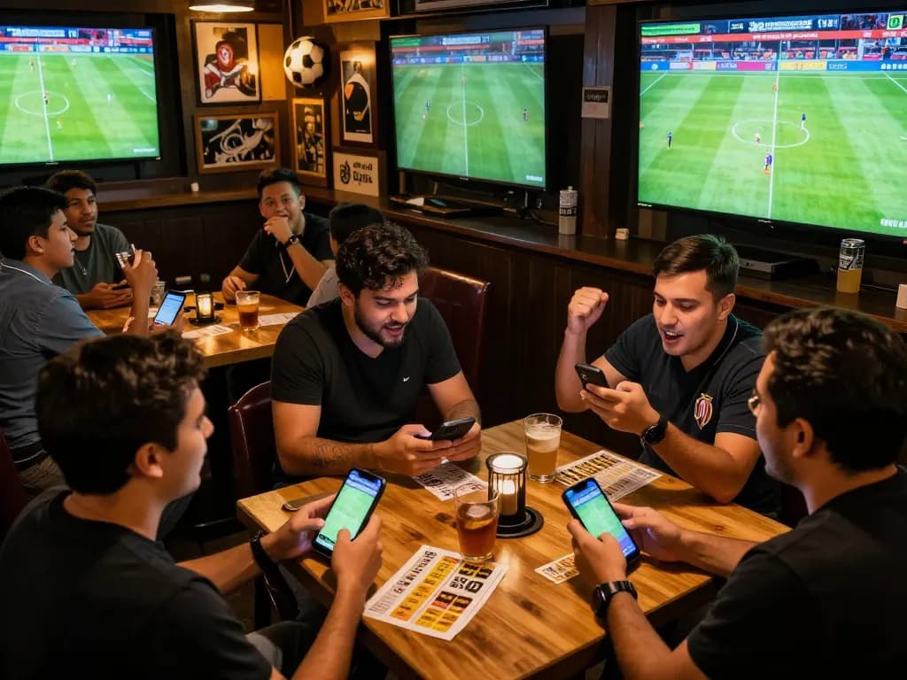 Exciting atmosphere at a sports bar featuring bettors engaged in 7meter Judi Bola.