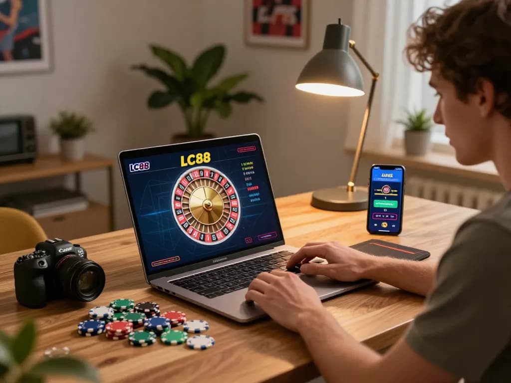 Player enjoying LC88 live dealer roulette at home with a cozy gaming setup.