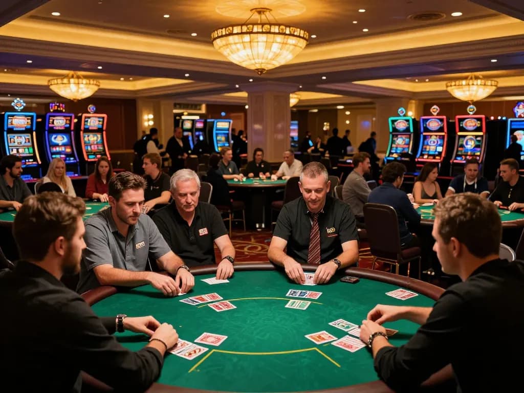 Engaged players at KP88 poker tables strategizing their next moves in a vibrant casino atmosphere
