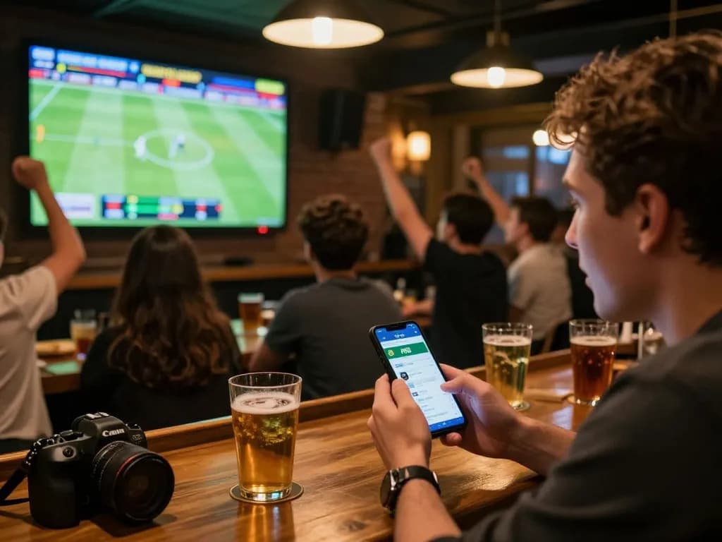 Engaging scene of a sports fan using rr88 app for live betting during an exciting match in a lively sports bar.