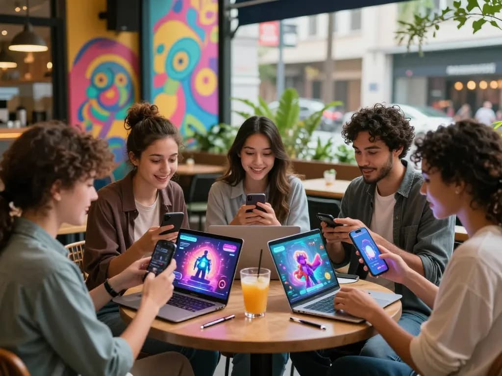 Engaging scene of diverse users interacting with porn AI chat on smartphones amidst vibrant city life.