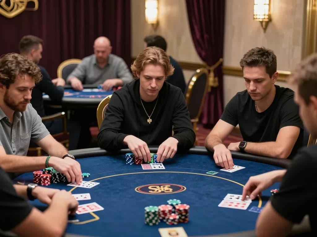 Players competing at a upscale poker table in a luxurious casino while using 123bmvp for strategic betting.