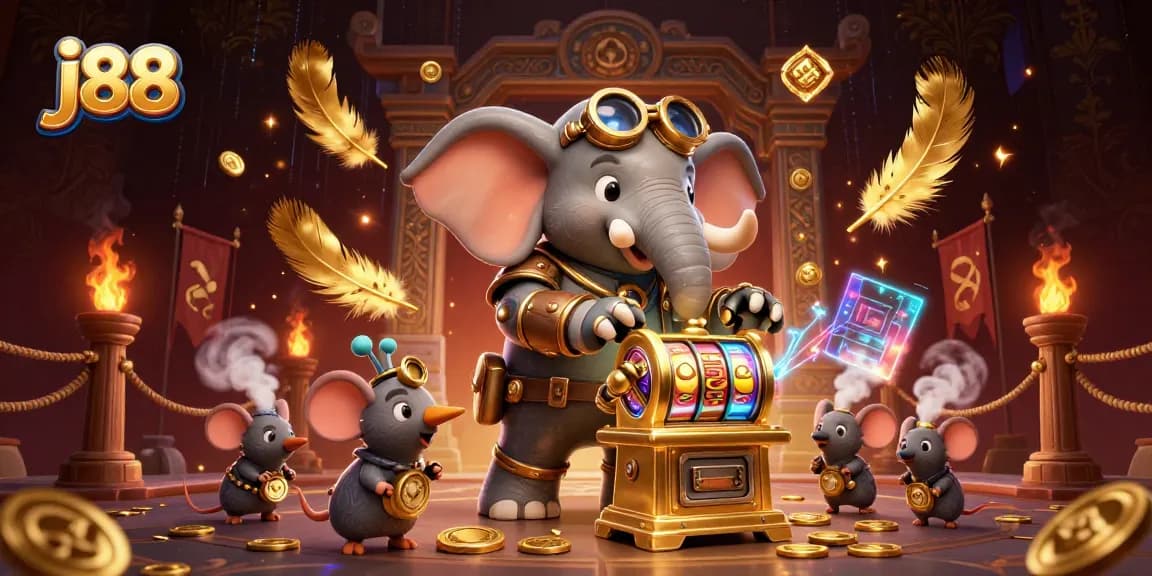 Experience the excitement of j88 with a dynamic steampunk elephant engineer at a golden slot machine amid vibrant casino elements.
