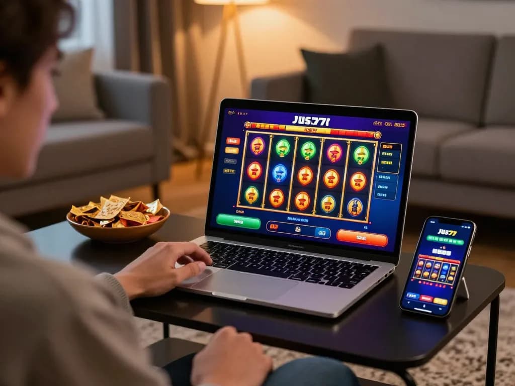 Player enjoying the jus77 online slots while managing their bankroll in a cozy setting.