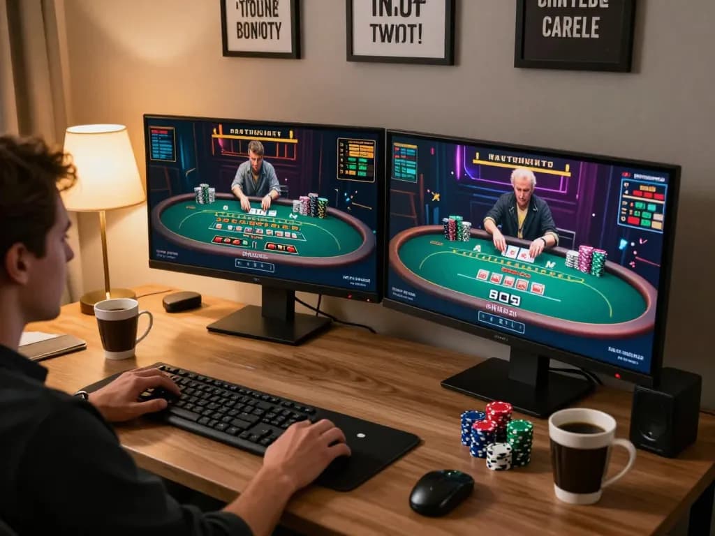 Engaged player strategizing during a B52 online blackjack session at home.