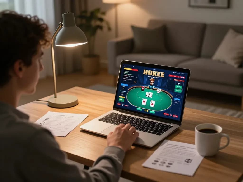 SUNWIN player engaging in an online poker game with strategies noted, cozy living room atmosphere.