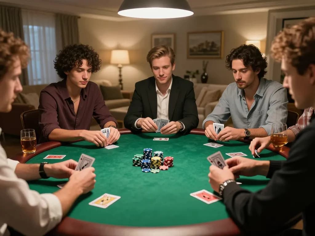 Players enjoying a friendly poker game at home, showcasing FABET's engaging gambling experience.