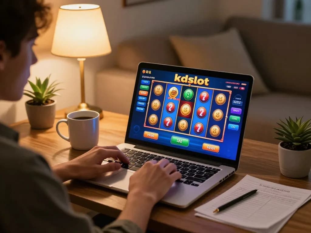 Player enjoying kdslot games on a laptop during a cozy home evening.