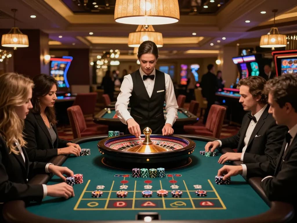 Players placing bets at the F168 roulette table in an upscale casino, excitement in the air.