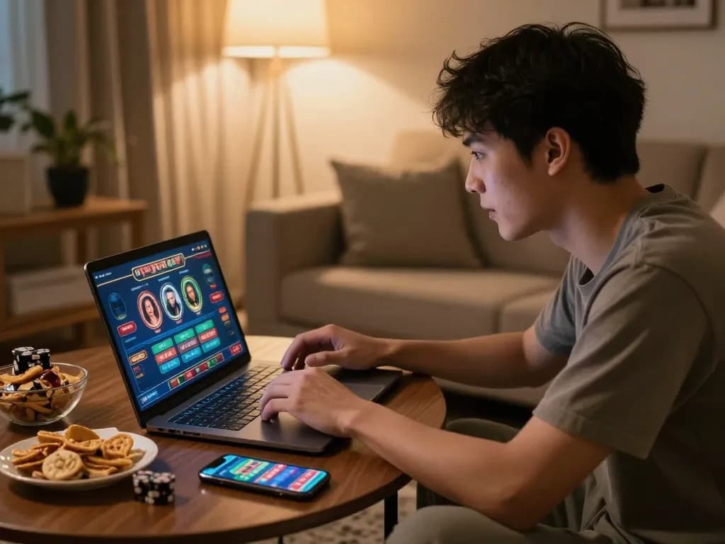 Gamer enjoying F8BET casino games online in a cozy living room setting.