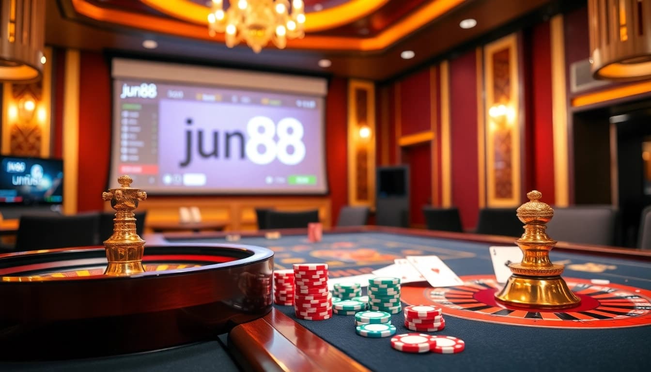 Experience the excitement of jun88 with vibrant casino gaming tables and elegant poker scenes.