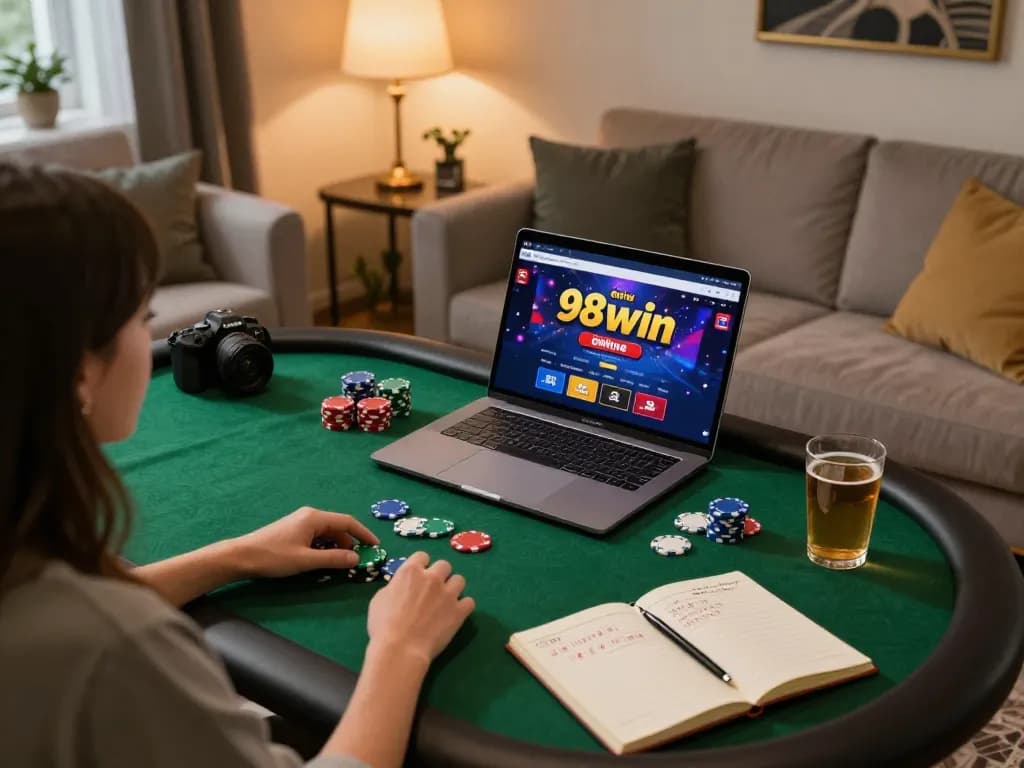 Engaged player enjoying 98win online casino gaming at home with laptop and strategy notes.