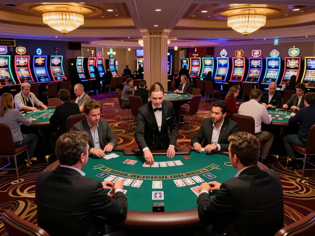 O8 players engaged in an intense blackjack game at a luxury casino floor, showcasing strategic gameplay and excitement.