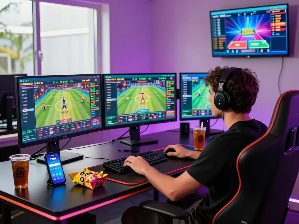 Dynamic online gaming environment showcasing tv88 com with vibrant lighting, multiple displays, and engaged player.