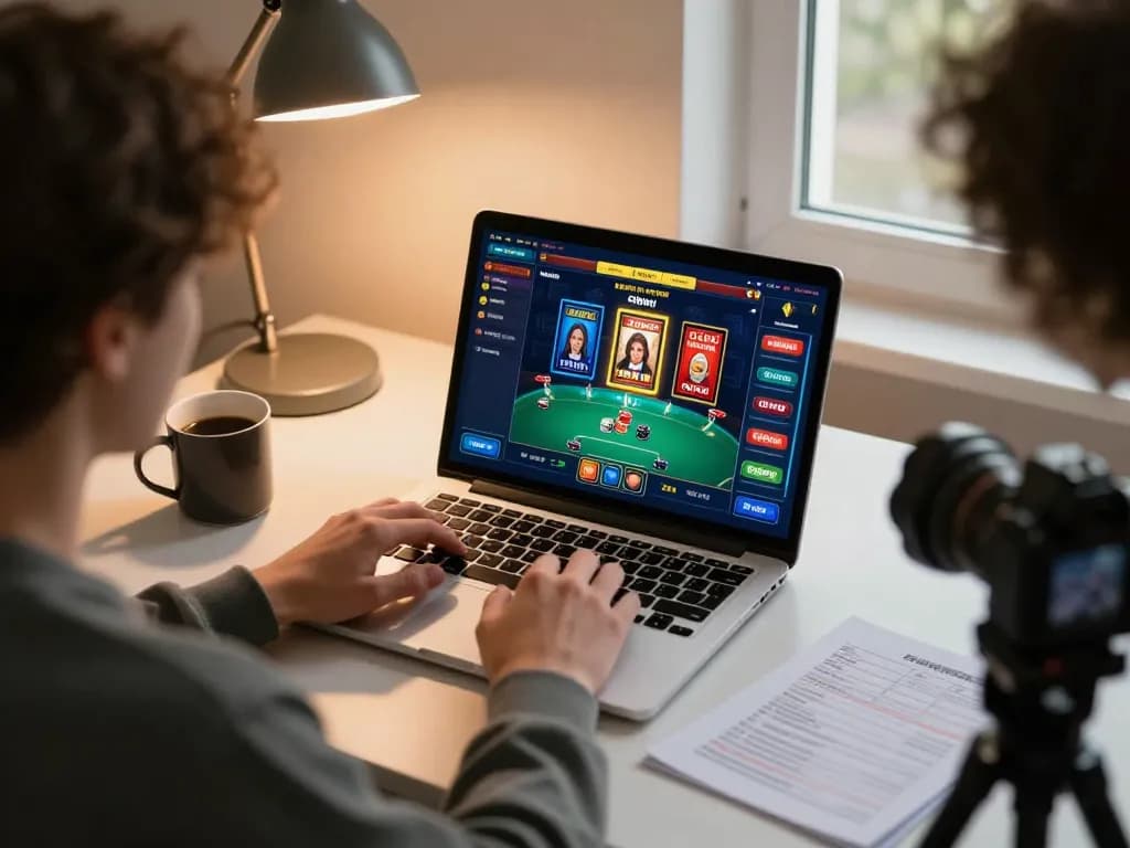 Engaging in the okwin game at home, a person plays poker with strategy notes nearby.