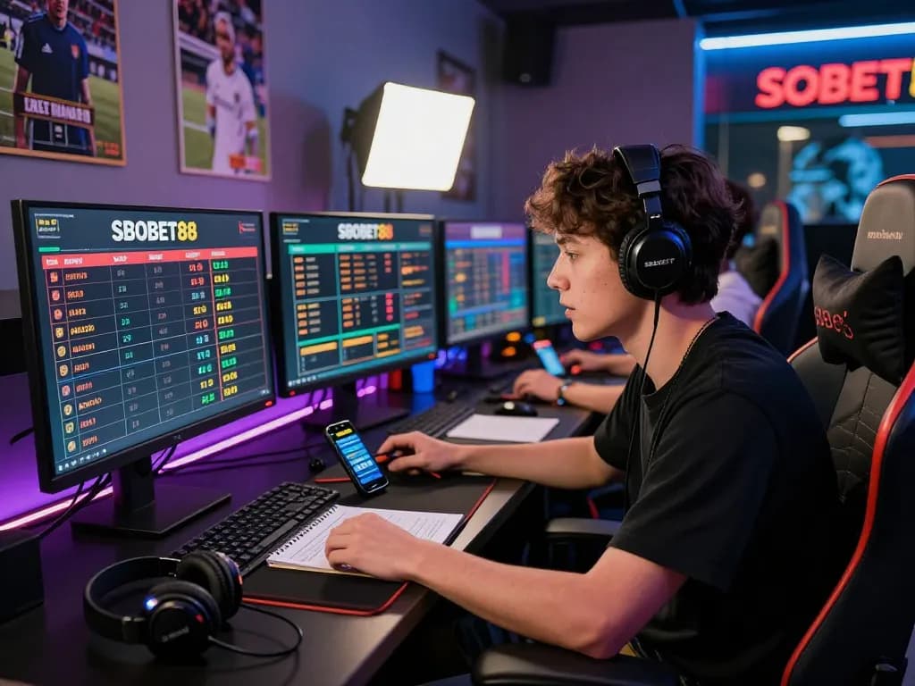 SBOBET88 online gambling scene with an excited player engaged in live betting, showcasing modern gaming setup.