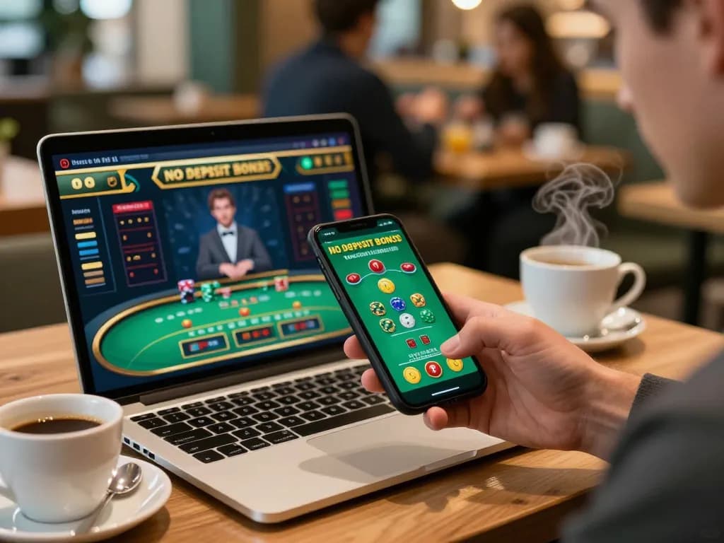 Engaging online casino no deposit moment on smartphone at a café, showcasing excitement and gameplay.