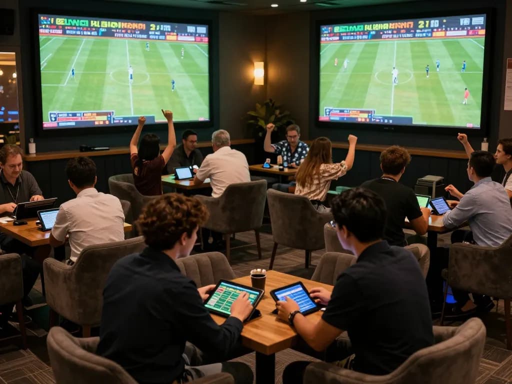 Patrons engage in sports betting action at xo88, exceptional atmosphere with live match displays.
