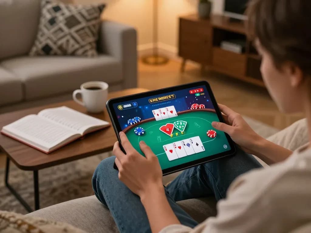 Excited player engaging with online poker game on tablet at home, enjoying 88aa experience with strategic gameplay.
