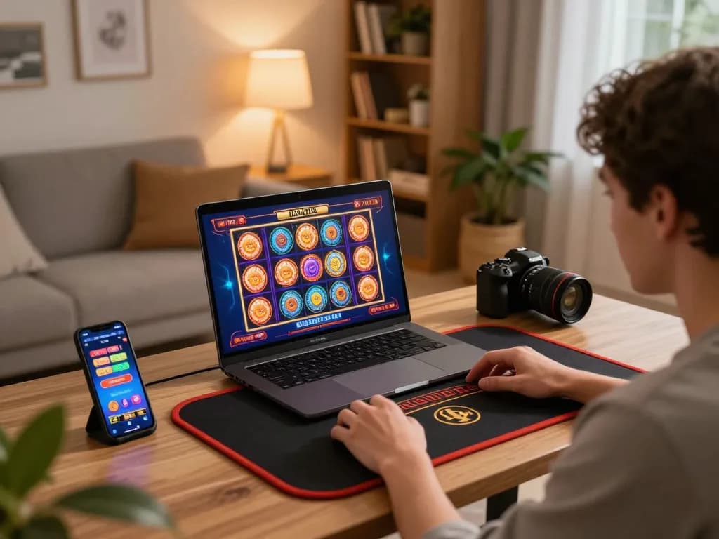 Person enjoying online casino gaming at home, showcasing Canada online casinos with vibrant slot games.