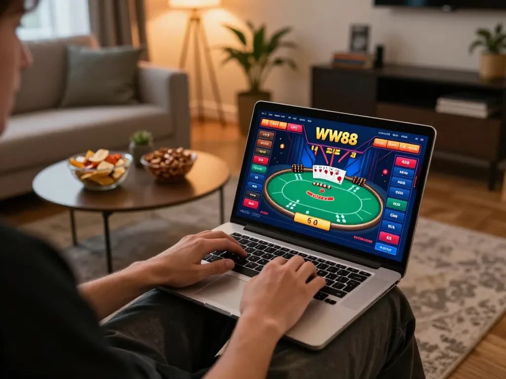 Engaging in online casino gaming on WW88 platform with a person focused on the laptop in a cozy living room.