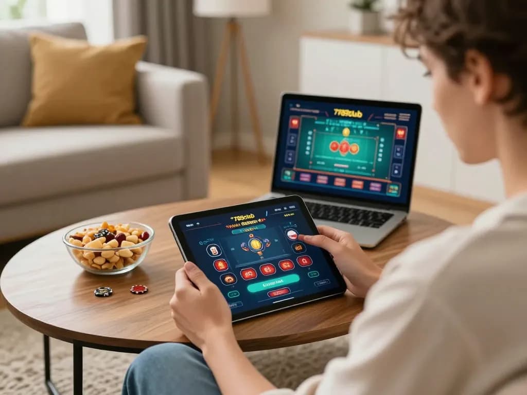 Engaging with the 789club casino app in a cozy home setting with modern decor.