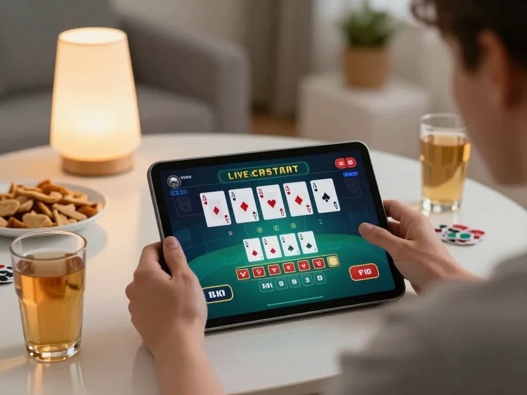iwin online gambler enjoying a live blackjack game on a tablet in a cozy home setting