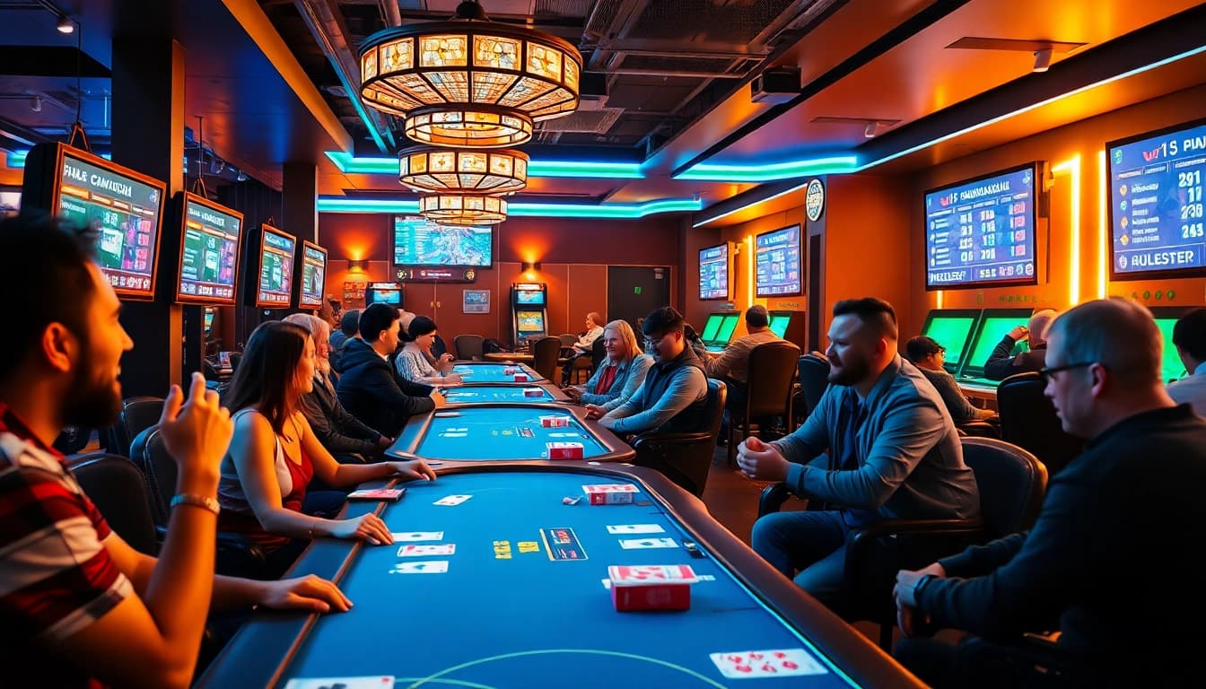 Engaged players at HITCLUB enjoying card games in a vibrant gaming lounge