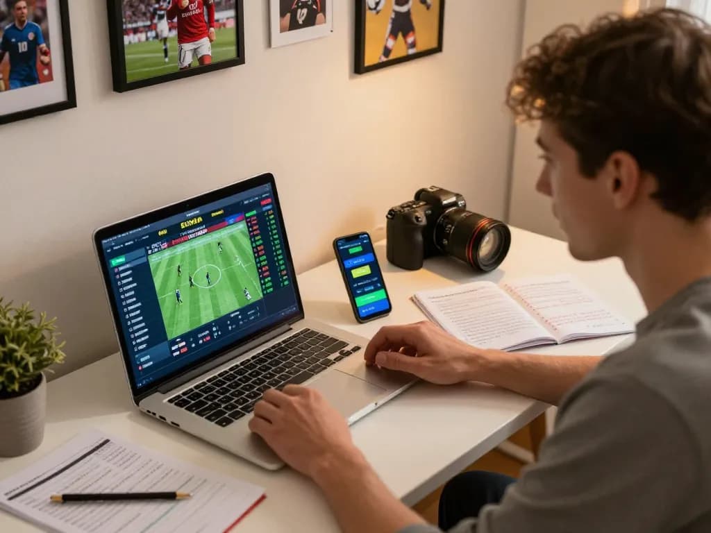 Engaged sports bettor analyzing tỷ lệ kèo nhà cái 5 on laptop for best odds.