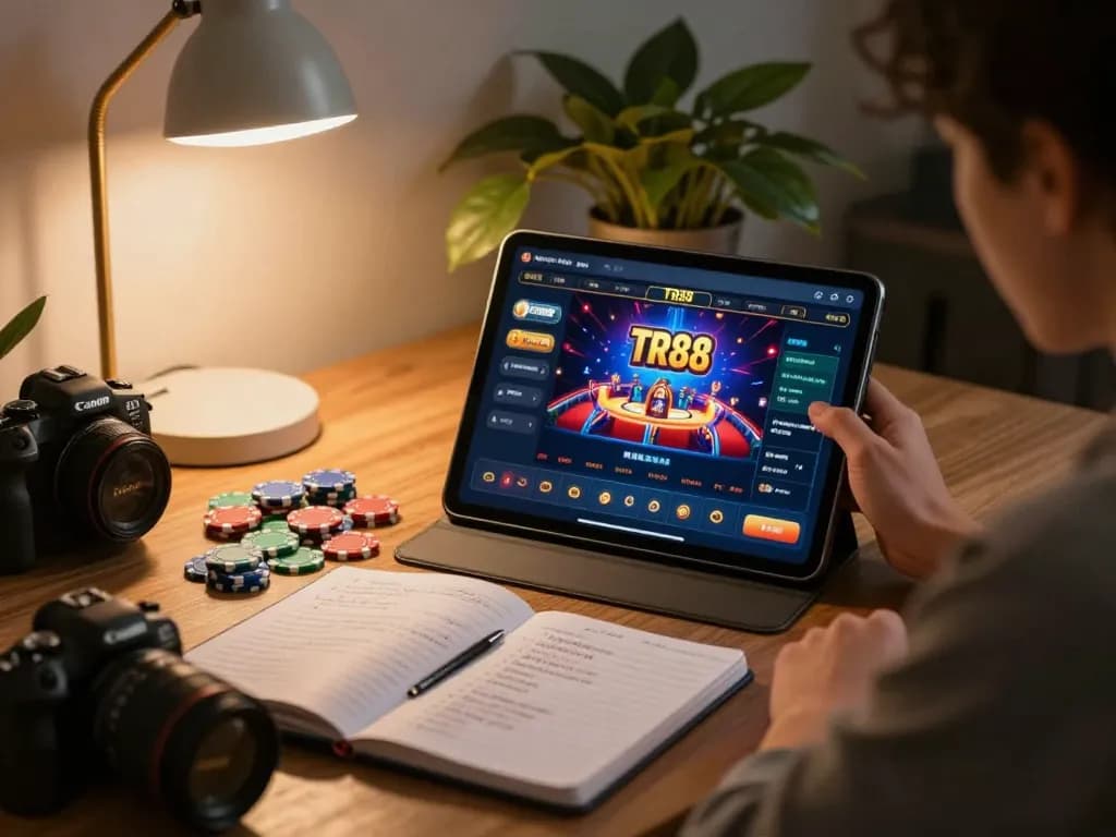 Engaging in TR88 online gaming with strategic notes and tablet in a cozy setting.